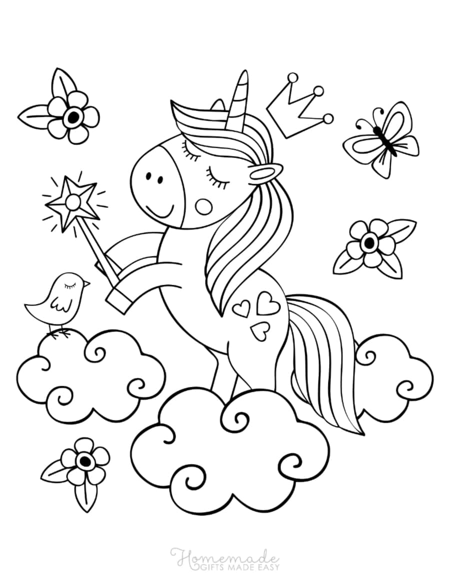 Cute Unicorn On Clouds Holding Wand Unicorn Kids Coloring Pages Pdf Free Vectors